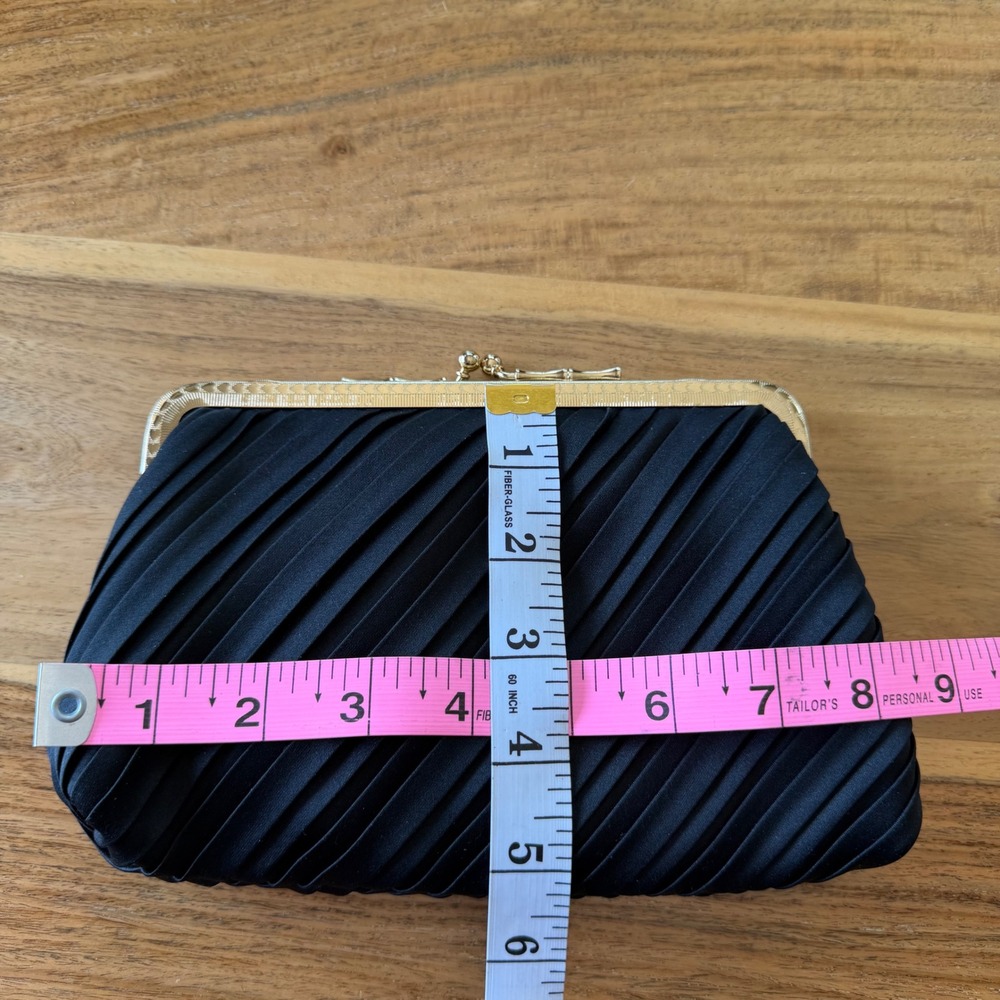 Vintage 50s Du-Val Black Satin Pleated Evening Clutch Bag Gold Frame Hong Kong - Picture 11 of 11